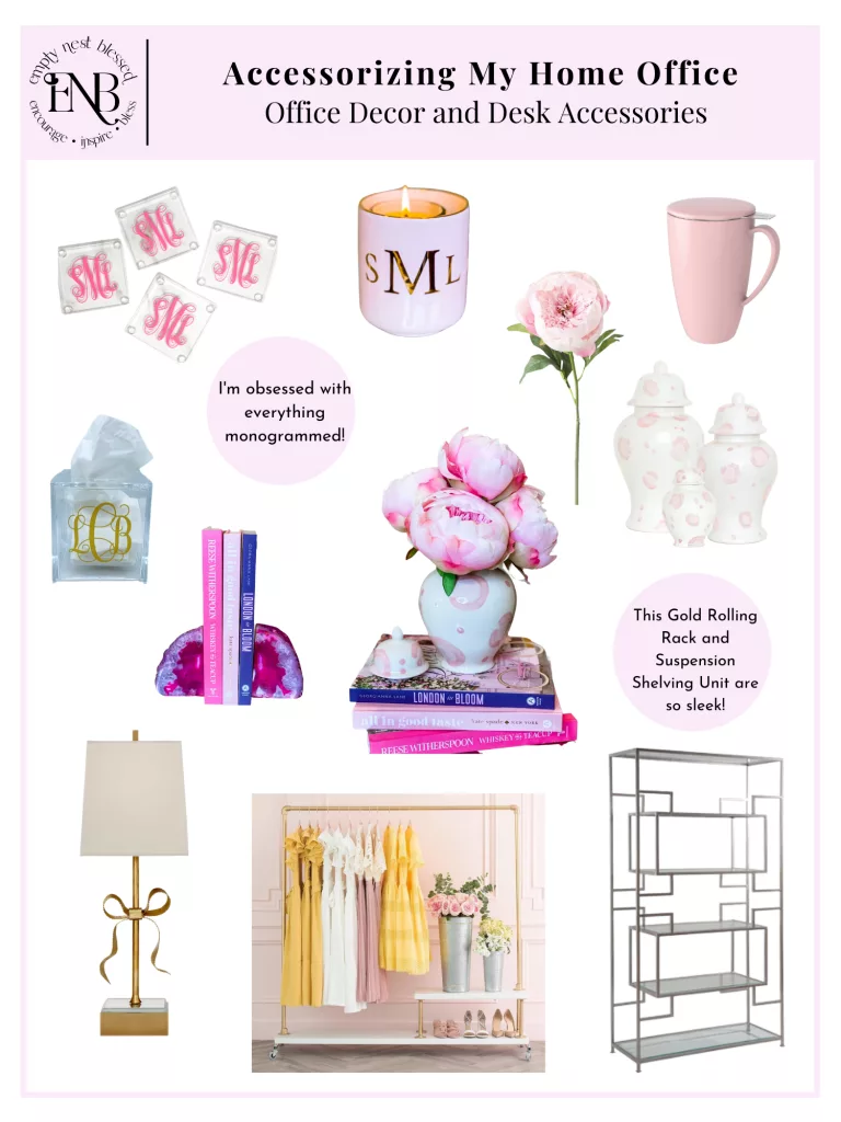 collage of pink desk accessories