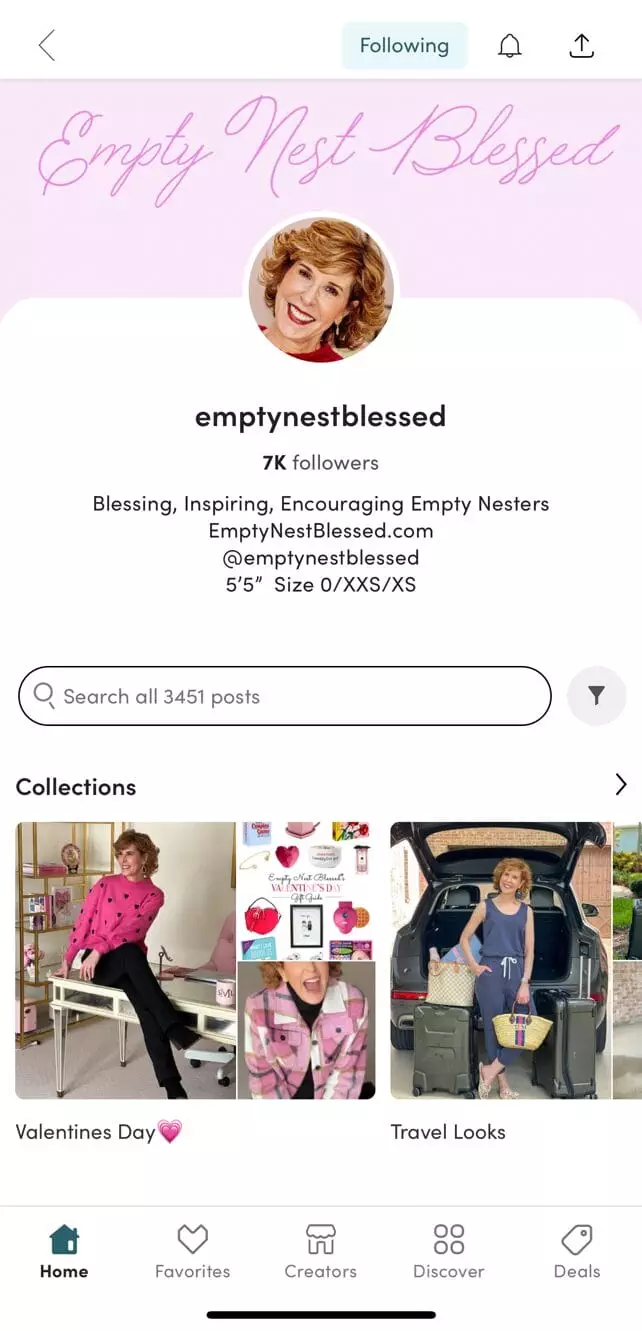 screenshot of main page of Empty Nest Blessed on LTK app